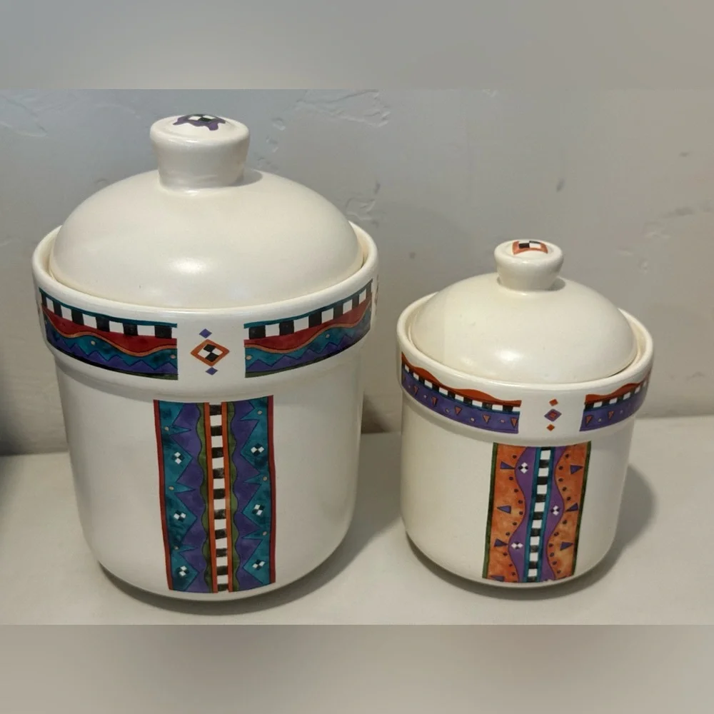 VTG Treasure Craft Adirondack Canister Lids Aztec Southwest Pattern Set of 2
